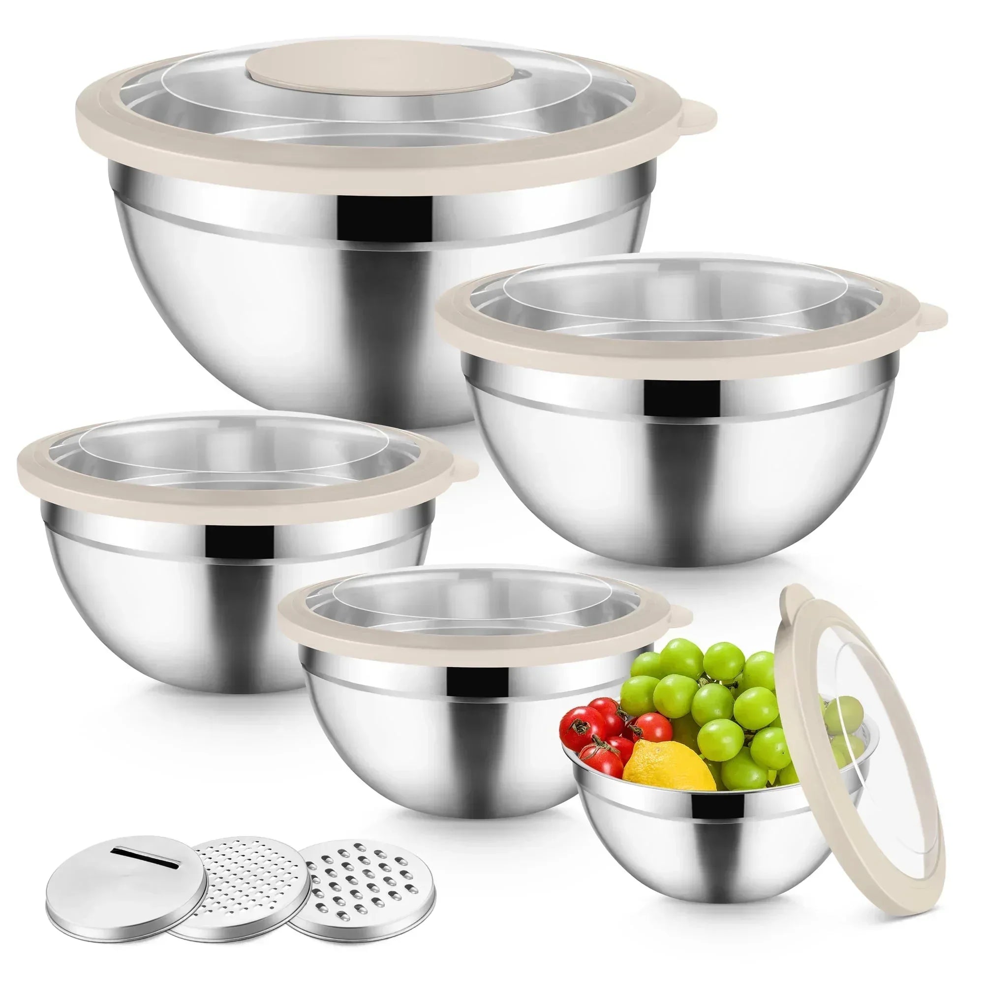 Vesteel Mixing Bowls with Lids Set of 8, Stainless Steel Prep Bowls with Upgraded Airtight Visible Lid, Metal Nesting Bowl Attach with 3 Graters for Kitchen Grating/ Shredding / Mixing - USA MEGA SHOP