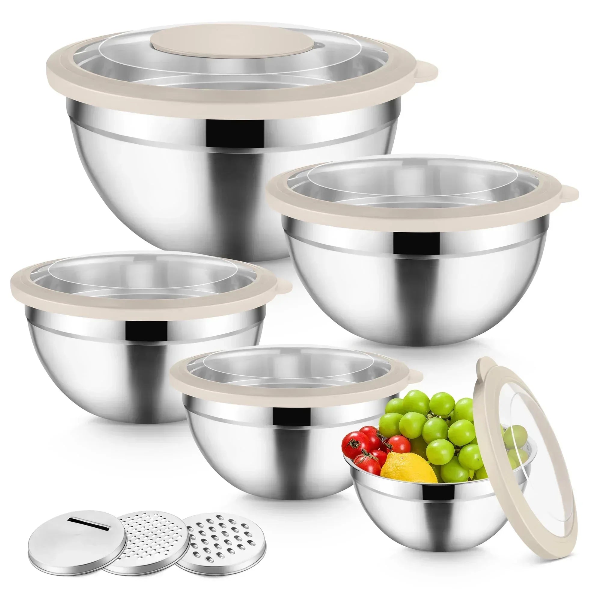 Vesteel Mixing Bowls with Lids Set of 8, Stainless Steel Prep Bowls with Upgraded Airtight Visible Lid, Metal Nesting Bowl Attach with 3 Graters for Kitchen Grating/ Shredding / Mixing