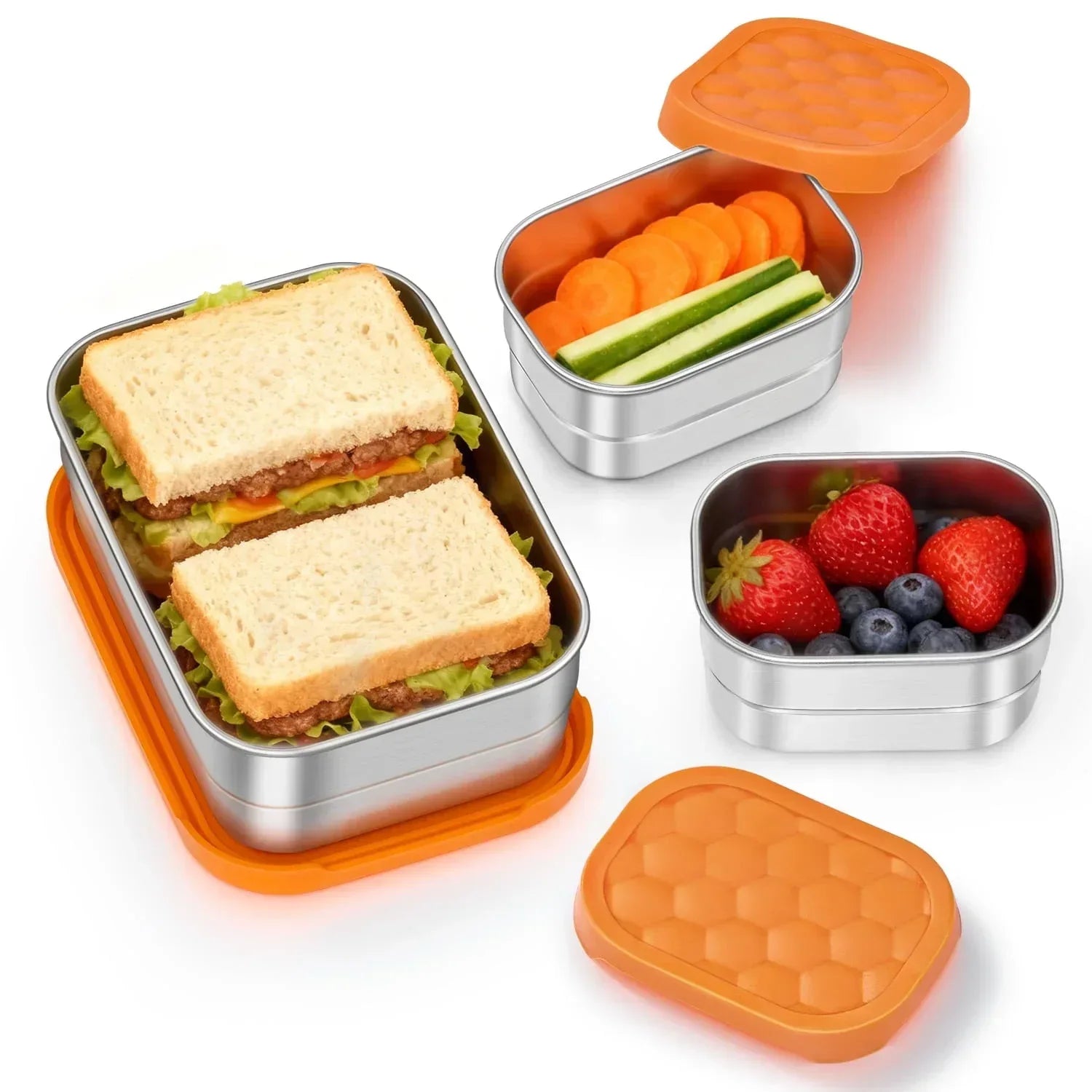 Vesteel Stainless Steel Lunch Container Set, Leak Proof Bento Box with Silicone Lids, Portable Metal Lunch Box for School and Daycare(25OZ + 8OZ*2), Grey