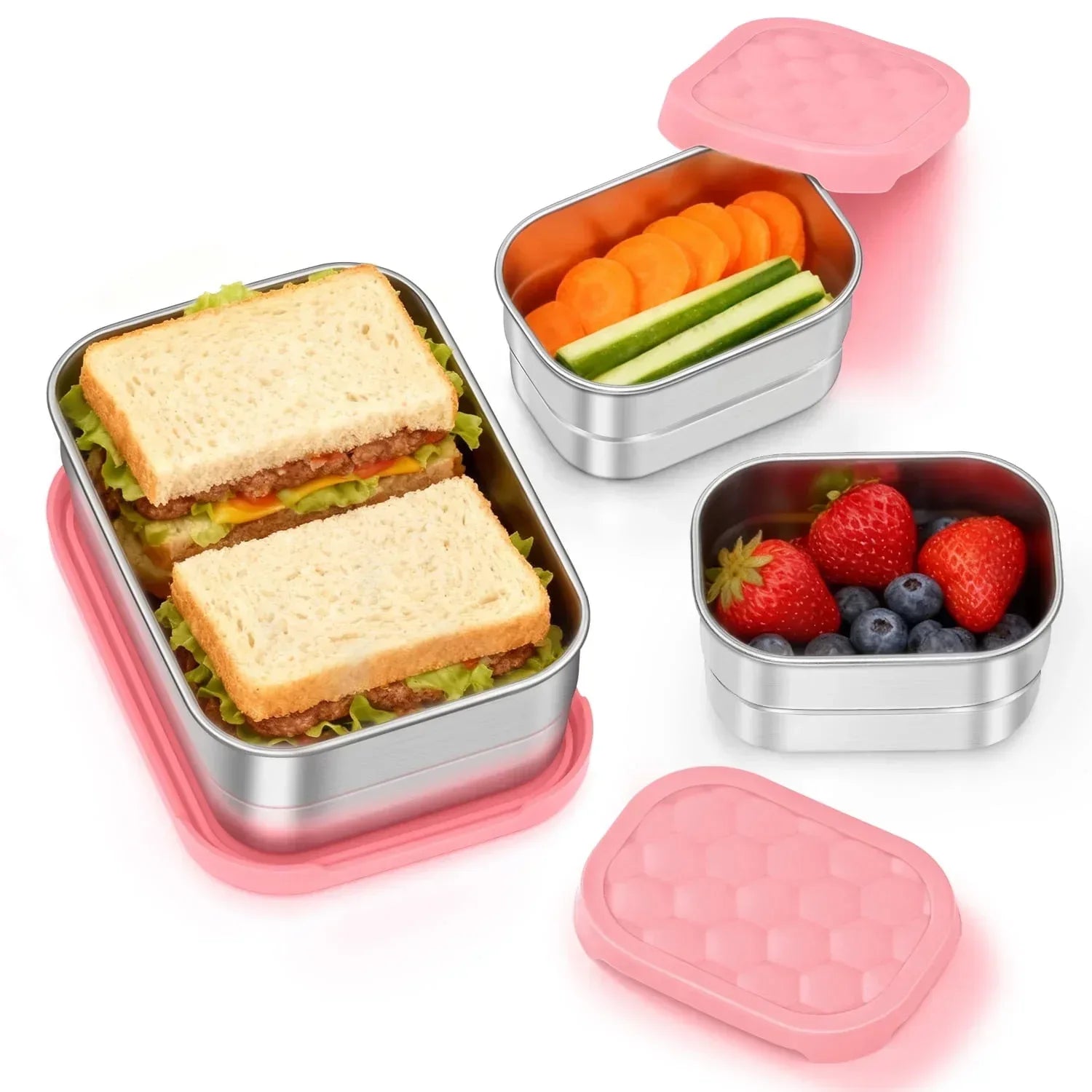 Vesteel Stainless Steel Lunch Container Set, Leak Proof Bento Box with Silicone Lids, Portable Metal Lunch Box for School and Daycare(25OZ + 8OZ*2), Grey
