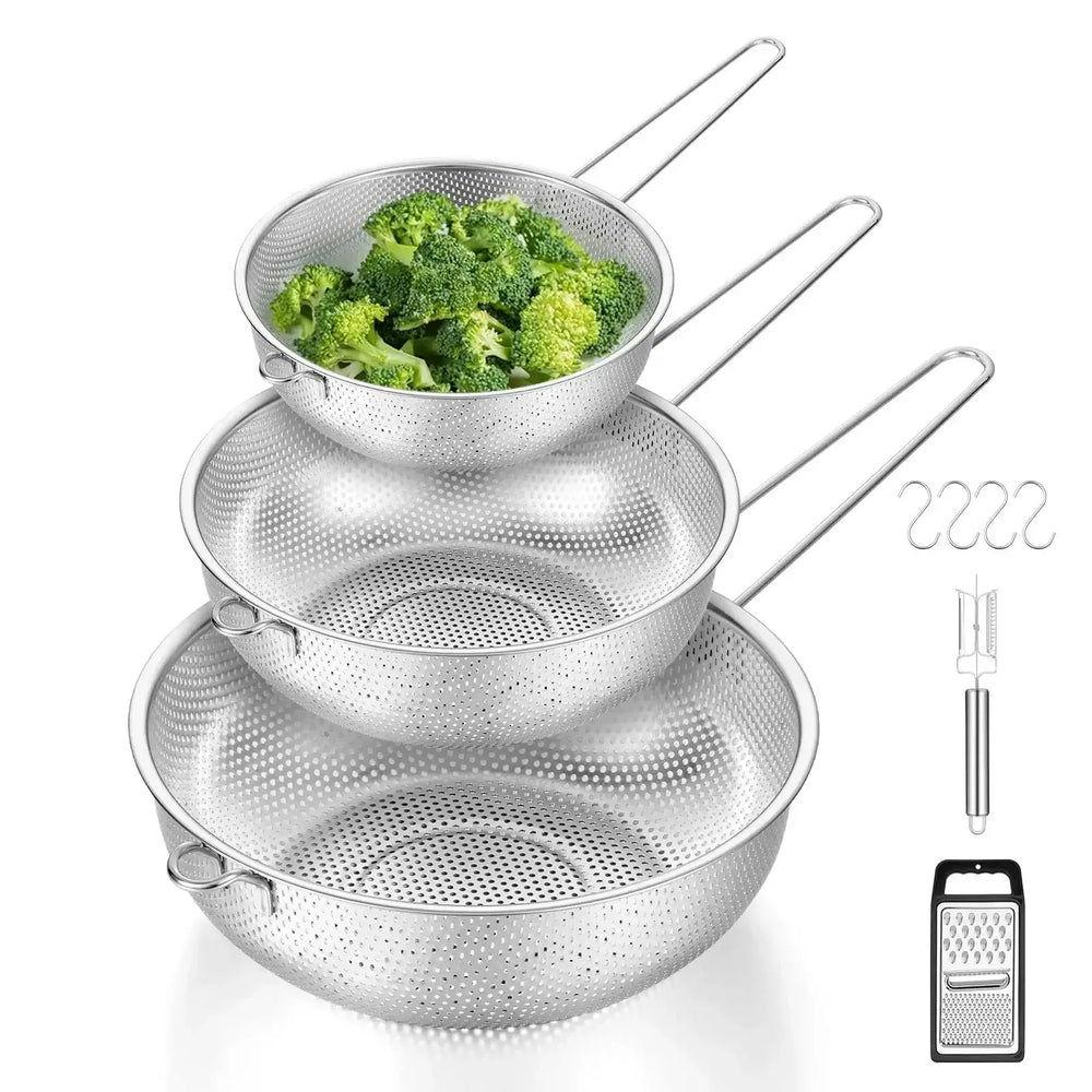 VeSteel Colander Set of 3, Stainless Steel Micro-Perforated Colanders Strainers for Draining Rinsing Washing, Ideal for Pasta Vegetables Fruits, Heavy Duty & Dishwasher Safe - USA MEGA SHOP