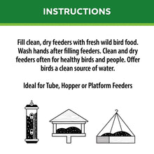 Wild bird feeder cleaning instructions card with icons for tube, hopper, and platform feeders