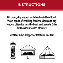 Wild bird seed feeding instructions panel with feeder illustrations for tube and hopper