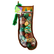 Brown felt cat toy stocking with green tinsel trim and printed cat figures