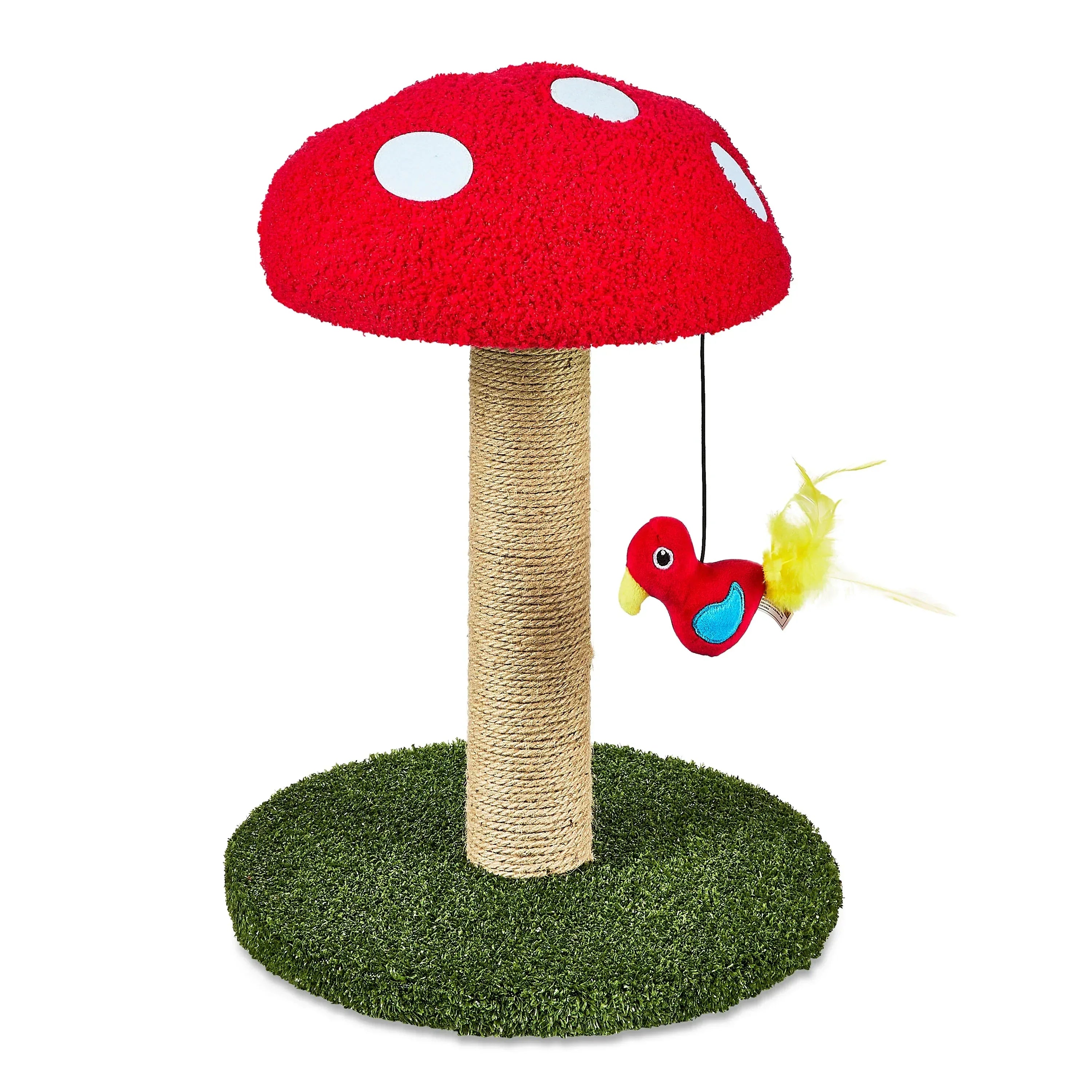 Vibrant Life Deluxe Jute Mushroom Cat Scratching Post with Dangling Bird Toy, Multicolor - USA MEGA SHOP