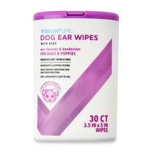 Dog ear wipes container, white with purple cap and purple chevron label, 30 count.