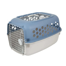 Blue plastic pet kennel with two side doors, top ventilation grille, and hex openings.