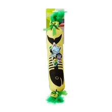 Fish bone cat kicker toy with green pom pom ends and ribbon ties, plush fabric