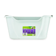 Large enclosed cat litter box with hooded opening, white body and mint-green inside