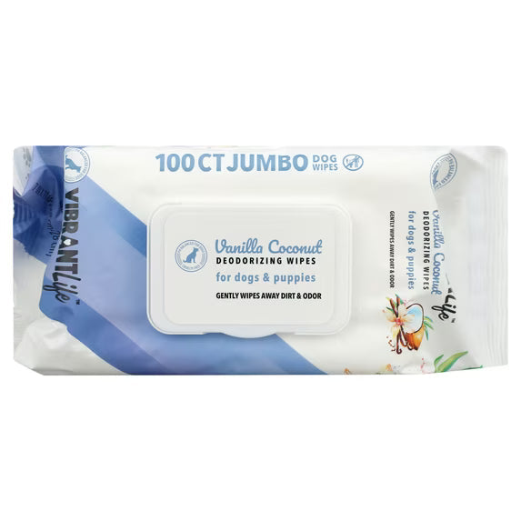 Vanilla Coconut deodorizing wipes for dogs and puppies, 100 count jumbo pack pouch
