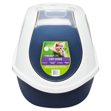 Enclosed cat litterbox with navy base and white hood, front entry cutout.