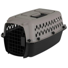 Hard-sided pet kennel with vented side panel, black base, and metal mesh door