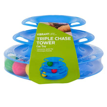 Packaged triple chase tower with blue plastic base and colorful ball track