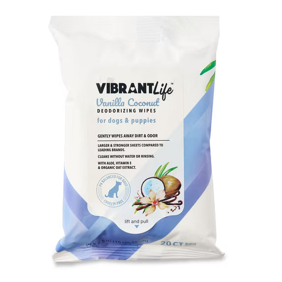 Vibrant Life Vanilla Coconut deodorizing wipes pouch for dogs and puppies, 20 count