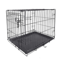 Foldable black wire dog crate with door latch and leak-proof tray base.