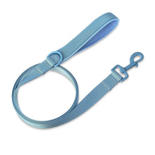 Soft blue neoprene cushioned dog leash with loop handle and metal clasp