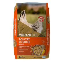 Poultry scratch grains feed bag, 40 lb, orange and tan with chicken illustration