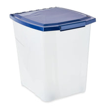 Dog food storage pail with blue lid and snap latch; white translucent body