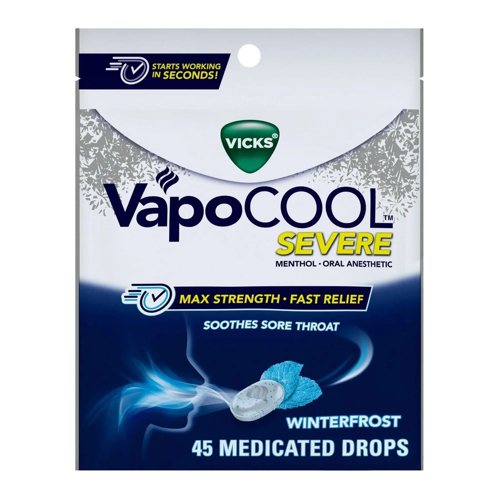 Vicks VapoCOOL Severe Medicated Sore Throat Drops, Menthol, Winterfrost Flavor, 45 Count