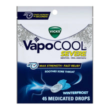 VapoCOOL Severe medicated sore throat drops box with winterfrost flavor branding
