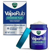 Vicks VapoRub Advanced Plus topical chest rub jar with box and applicator