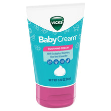 Vicks BabyCream soothing cream tube with turquoise body, pink base, and aloe icons