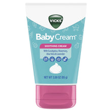 Vicks Baby Cream soothing cream tube, turquoise with pink base, aloe vera icons