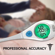 White digital thermometer close-up with green LCD reading and mode icon