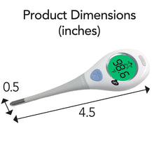White digital thermometer side view with product dimensions, 4.5 in length
