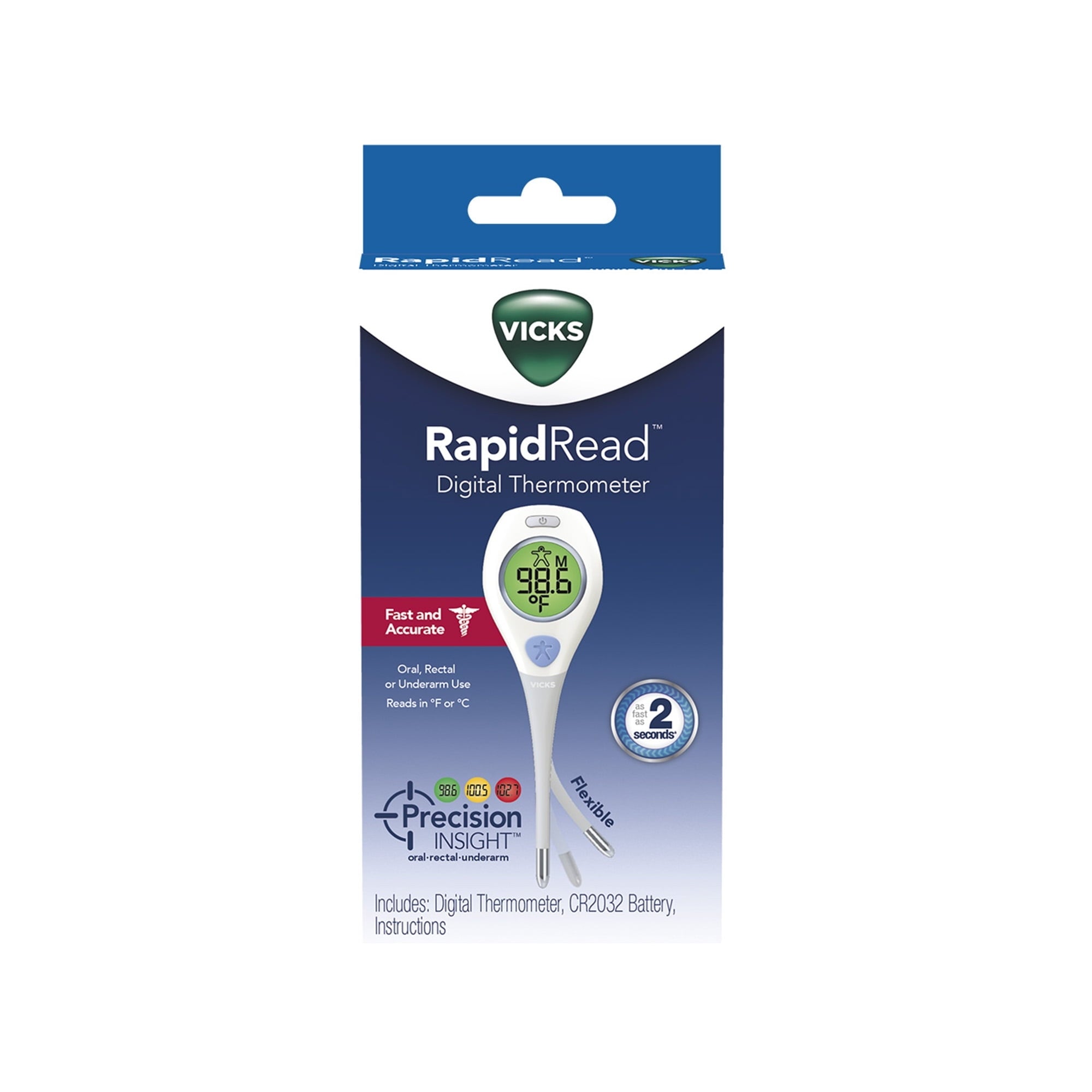 Vicks Rapid Read Digital Thermometer for Adults and All Ages, Oral, Rectal or Underarm Use, White, VDT972USV4