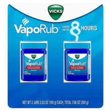 Vicks VapoRub topical analgesic ointment, two blue jars with VapoRub label and lids