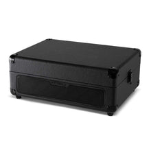 Suitcase record player base with textured black body and front speaker grille