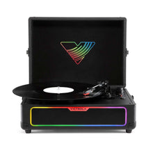 Suitcase record player with open lid, rainbow light bar and built-in speaker grille
