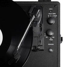 Record player control panel with LINE IN, LINE OUT, BT, headphone and power controls