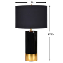 Vienna table lamp, black drum shade on tall glossy black base with gold trim