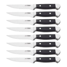 Eight-piece steak knife set with black handles and serrated stainless blades