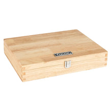 Wooden storage box for steak knives with metal clasp and brand label