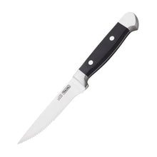Steak knife with serrated blade and black handle with rivets