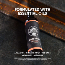Beard wash bottle labeled essential oils with Sandalwood, argan, and ginseng