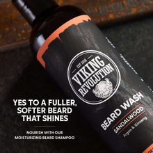 Beard wash bottle close-up showing Viking Revolution logo and Sandalwood label