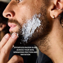 Shaving cream lather on a man’s beard during shaving, close-up