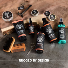 Beard balm tin among grooming products, multiple metal tins and bottles set
