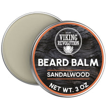 Beard balm tin with sandalwood label, round metal container