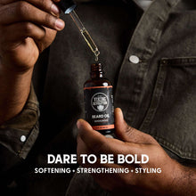 Beard oil bottle being dispensed onto beard with dropper