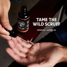 Beard oil bottle with dropper, hand applying oil to beard