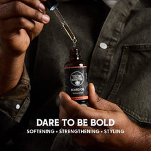 Beard oil bottle in hand with dropper dispensing oil