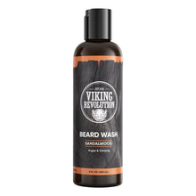 Beard wash bottle with black and orange label, sandalwood scent, 8 fl oz