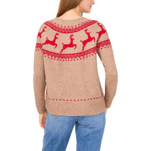 Women’s holiday sweater with red and cream reindeer fair isle knit, crew neck