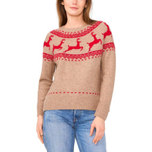 Brown holiday sweater with red reindeer fair isle yoke and knit stripe hem