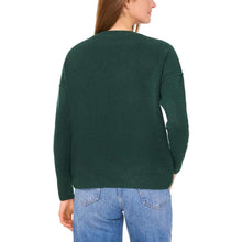 Green holiday sweater with crew neck, long sleeves, ribbed hem, back view